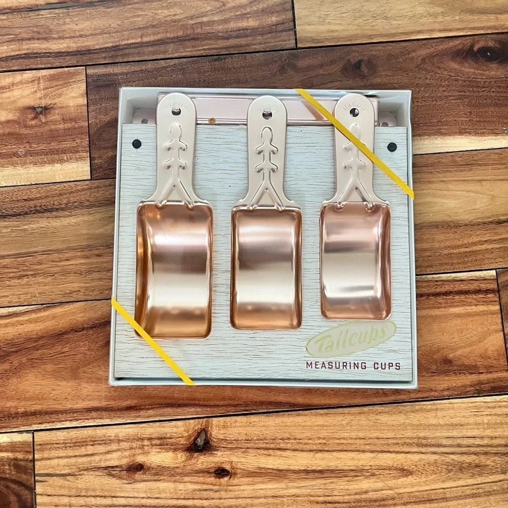 Vintage New in Box Set of 3 Rose Gold Measuring Cups With Wall Attachment Retro